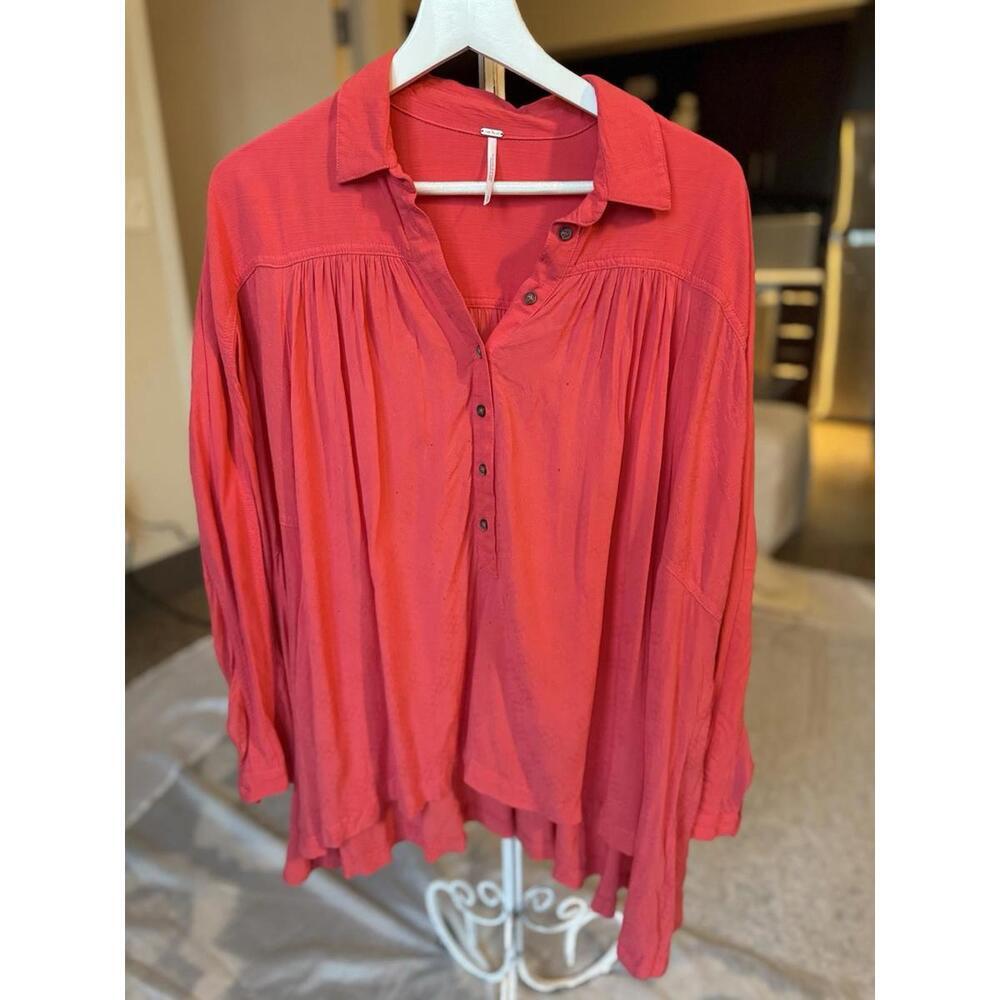 Free People Coral Pink Flowy Boho Collared Blouse Top Women's Small Long Sleeve